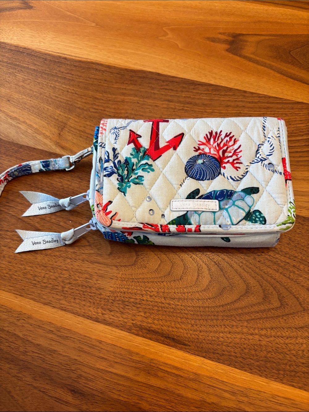 Vera Bradley Light Blue Ocean Coral Turtle Quilted Wristlet Zip Around Wallet